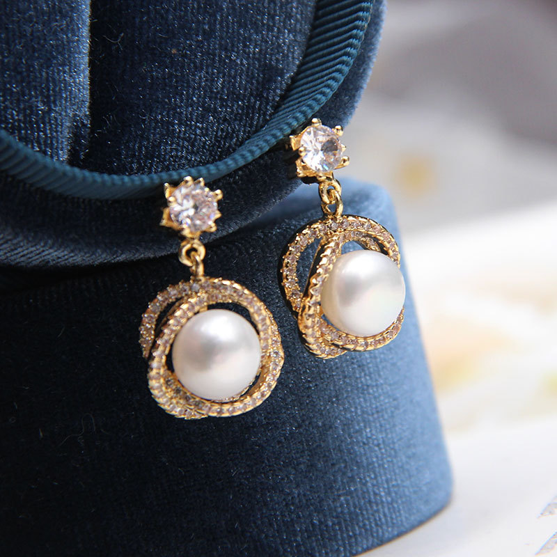 925銀針法式天然淡水珍珠耳環高級感耳釘女網紅鋯石耳環