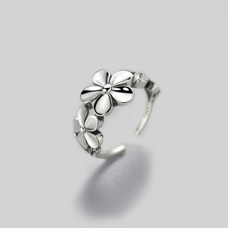 S925純銀戒指韓風泰銀指環女花朵簡約複古做舊開口銀飾戒指