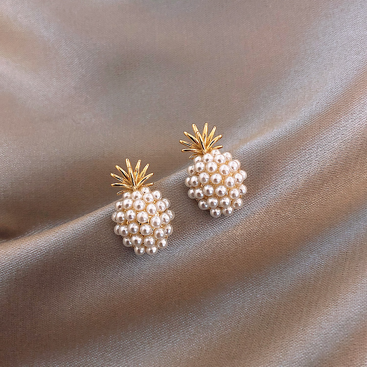S925銀針鳳梨珍珠耳釘法式複古高級感耳飾網紅氣質女耳環