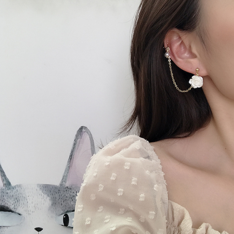 S925銀針韓國簡約清新玫瑰花耳釘小眾鏈條式不對稱耳骨夾唯美耳飾