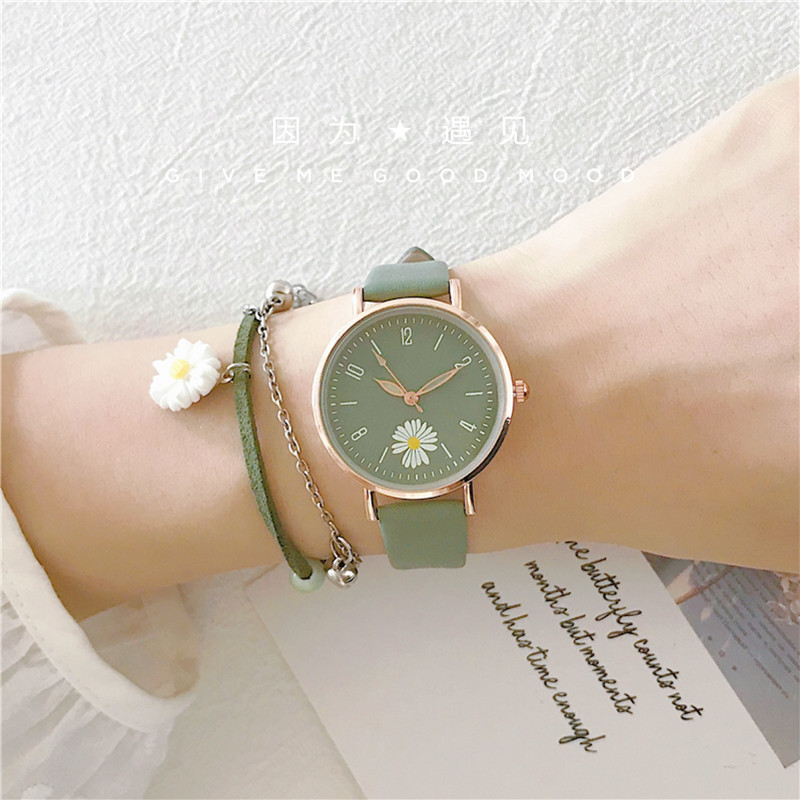 【森系雛菊錶盤】【贈送手鍊】【玫金色錶殼】法式復古氣質森系綠色小雛菊減齡女錶手鍊手錶禮盒