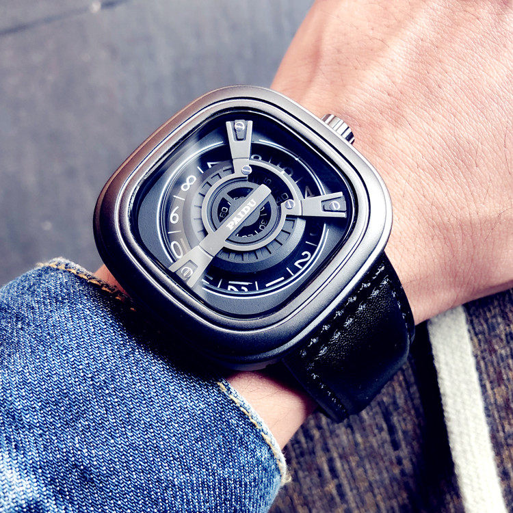 【方形概念錶盤】【小牛皮錶帶】未來感日式個性方形錶盤真皮錶帶男錶