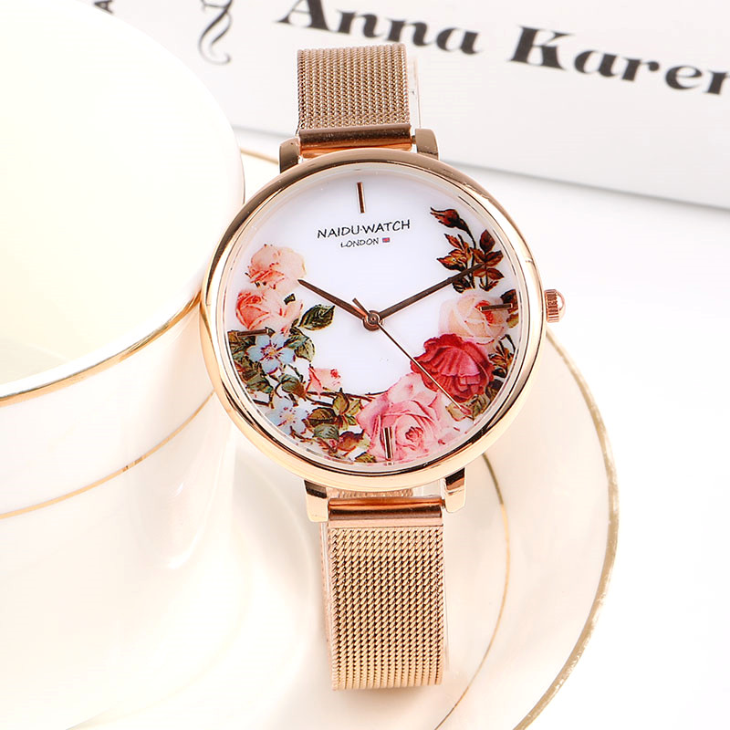 法式小眾文藝氣質花卉錶盤米蘭網帶玫瑰金女手錶