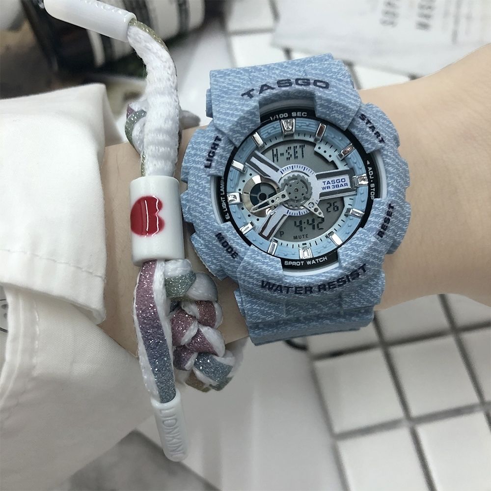 日式清爽牛仔藍液晶數字指針雙顯多功能男女樹脂矽膠防水運動手錶