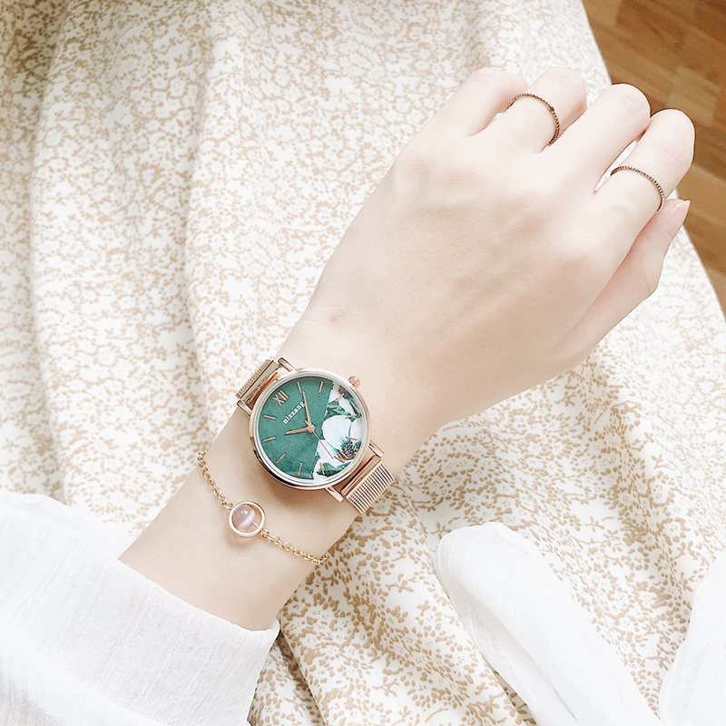 法式輕奢文藝手繪花卉森系氣質小圓盤米蘭網帶女錶