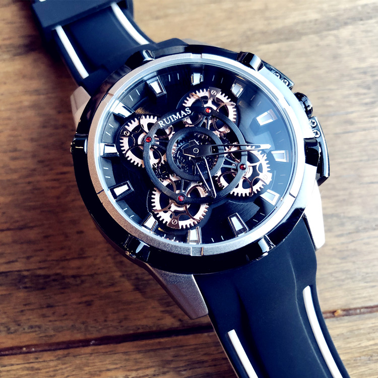 【重力旋轉是時間輪】【矽膠錶帶】機械美感RUMAS重力時輪美式炫酷大錶盤防水男手錶