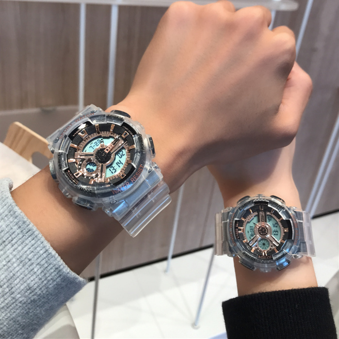 【透明矽膠錶帶】【液晶指針雙顯】日式原宿風潮流透明錶帶雙顯計時男女多功能運動手錶