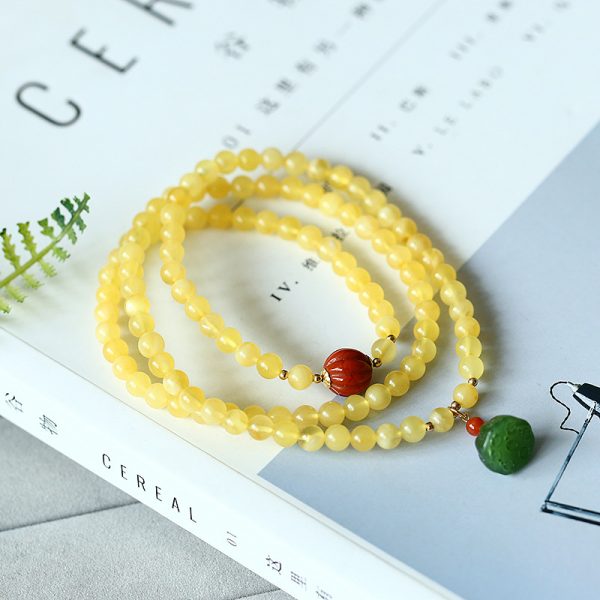 【7A級天然蜜蠟】【南紅翡翠蓮蓬配飾】【三圈】設計師款名貴三圈蜜蠟手串搭配翡翠南紅吊墜女佛珠手串手鍊
